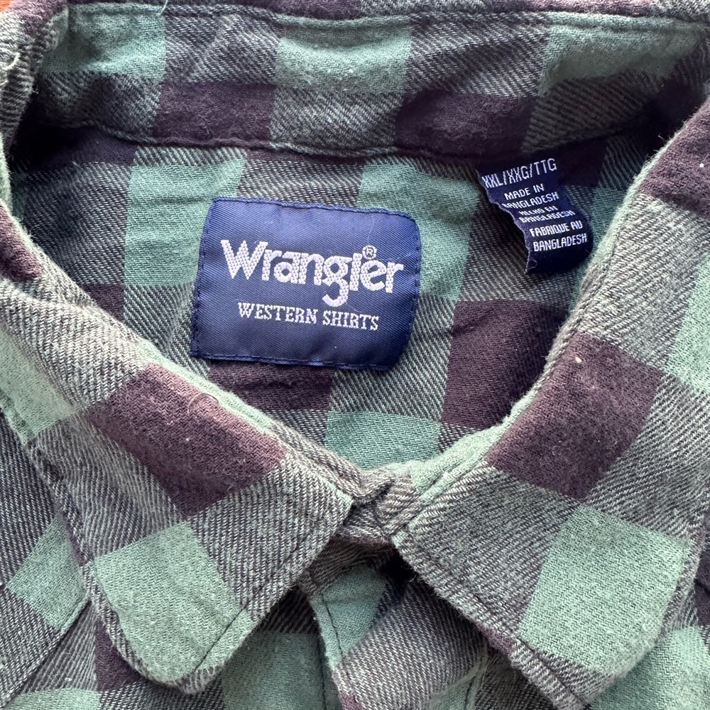 Wrangler Western Flannel Shirt Men’s XXL Green Black Plaid Pearl Snap Cotton - Picture 4 of 9